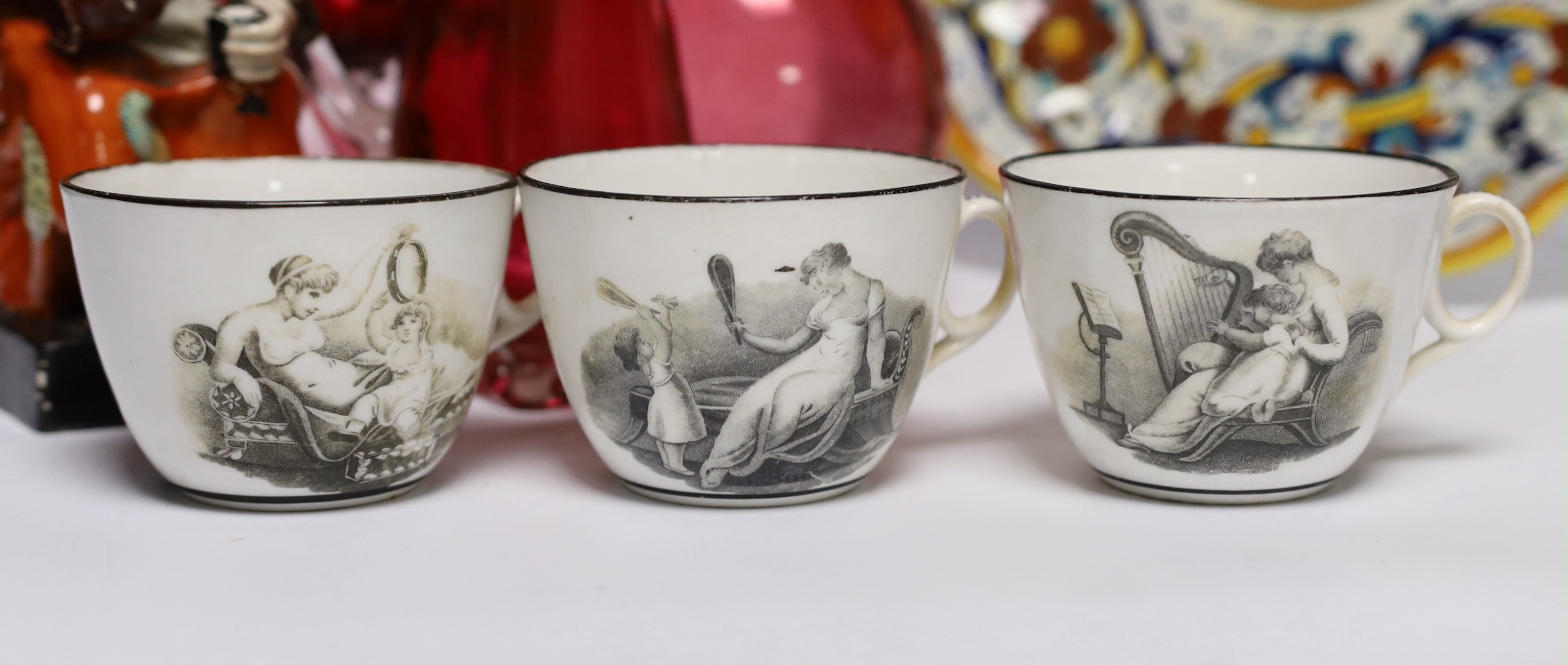 Mixed glass and ceramics including cranberry glass decanter and four other pieces, New Hall bat printed tea cups and saucers and tin glazed dishes, largest 24cm in diameter